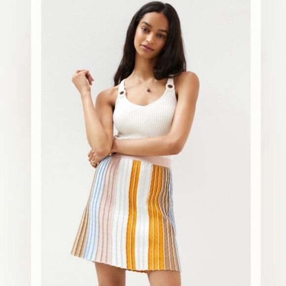 Anthro M Eva Franco Color Block Ribbed Metallic Stripes Knit Knee Length Skirt - Picture 1 of 12